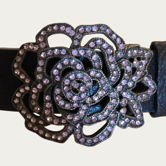 Vintage Glitz Pink Rhinestone Black Leather Belt Sz 35"-39" EUC - Picture 4 of 12